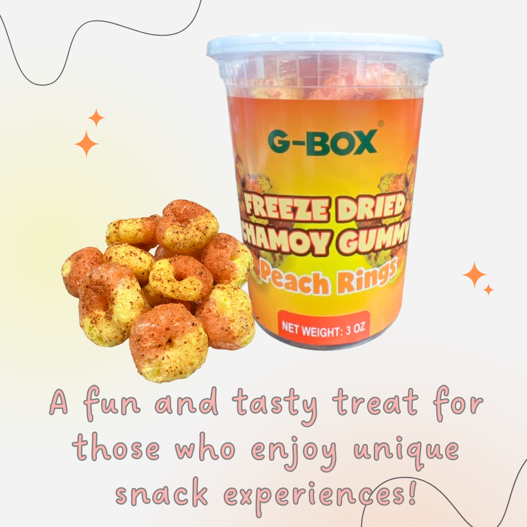 G-BOX Freeze Dried Peach Rings Tajin Chamoy Gummy Peach Ring 3oz