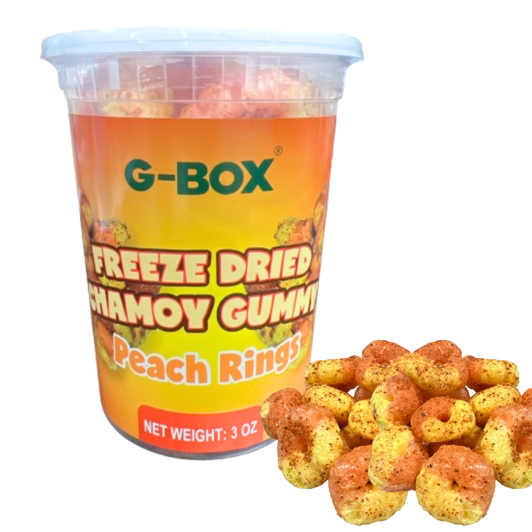 G-BOX Freeze Dried Peach Rings Tajin Chamoy Gummy Peach Ring 3oz